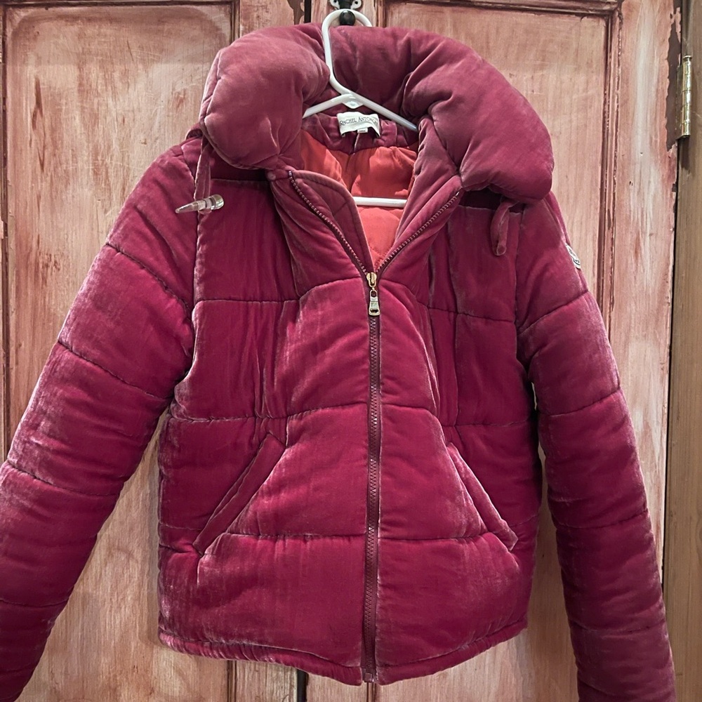 Beautiful Designer fuchsia Velvet Puffer with Moncler logo
